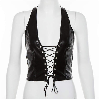 Women's Faux Leather Halter Crop Top Sexy Lace Up Deep V Camisole Gothic Punk Rave Festival Clubwear (Black, Size XL)