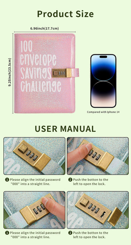 100 Envelope Savings Challenge Binder with Password Lock A5 Cash Stuffing Budget Planner Book Money Organizer for Couples (Black)