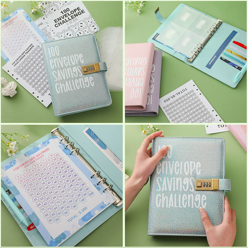 100 Envelope Savings Challenge Binder with Password Lock A5 Cash Stuffing Budget Planner Book Money Organizer for Couples (Black)