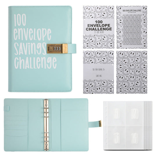 100 Envelope Savings Challenge Binder with Password Lock A5 Cash Stuffing Budget Planner Book Money Organizer for Couples (Blue)