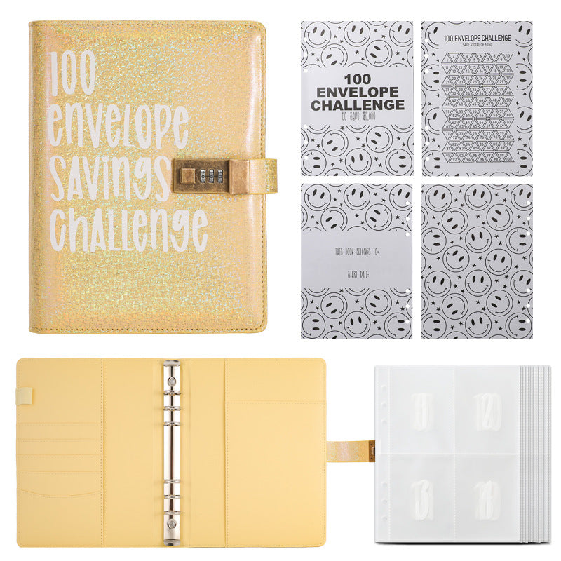 100 Envelope Savings Challenge Binder with Password Lock Holographic Yellow A5 Cash Stuffing Budget Planner Book Money Organiser for Couples (Glitter Yellow)