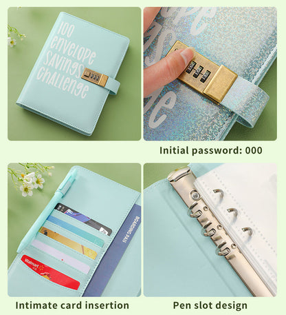 100 Envelope Savings Challenge Binder with Password Lock Holographic Yellow A5 Cash Stuffing Budget Planner Book Money Organiser for Couples (Glitter Yellow)