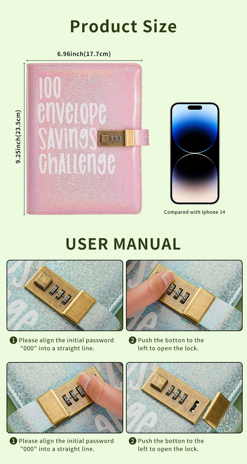 100 Envelope Savings Challenge Binder with Password Lock Holographic Yellow A5 Cash Stuffing Budget Planner Book Money Organiser for Couples (Glitter Yellow)