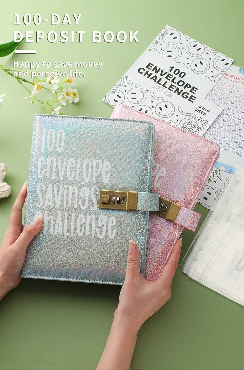 100 Envelope Savings Challenge Binder with Password Lock Holographic Blue A5 Cash Stuffing Budget Planner Book Money Organiser for Couples (Glitter Blue)