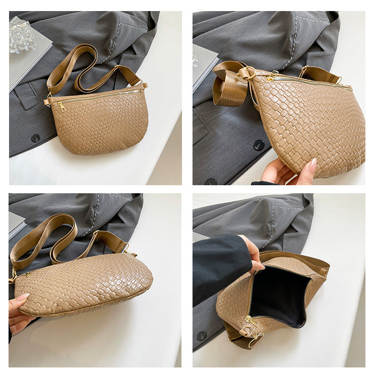 Women's Woven Crossbody Dumpling Bag Soft Vegan Leather Chest Waist Pack with Wide Adjustable Strap for Travel & Festivals (Khaki)