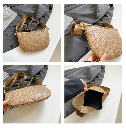 Women's Woven Crossbody Dumpling Bag Soft Vegan Leather Chest Waist Pack with Wide Adjustable Strap for Travel & Festivals (Khaki)