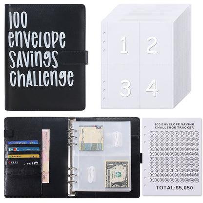 100 Envelope Savings Challenge Binder A5 Budget Planner Book PU Leather Cash Stuffing Money Organiser with Magnetic Closure & Tracker (Black)