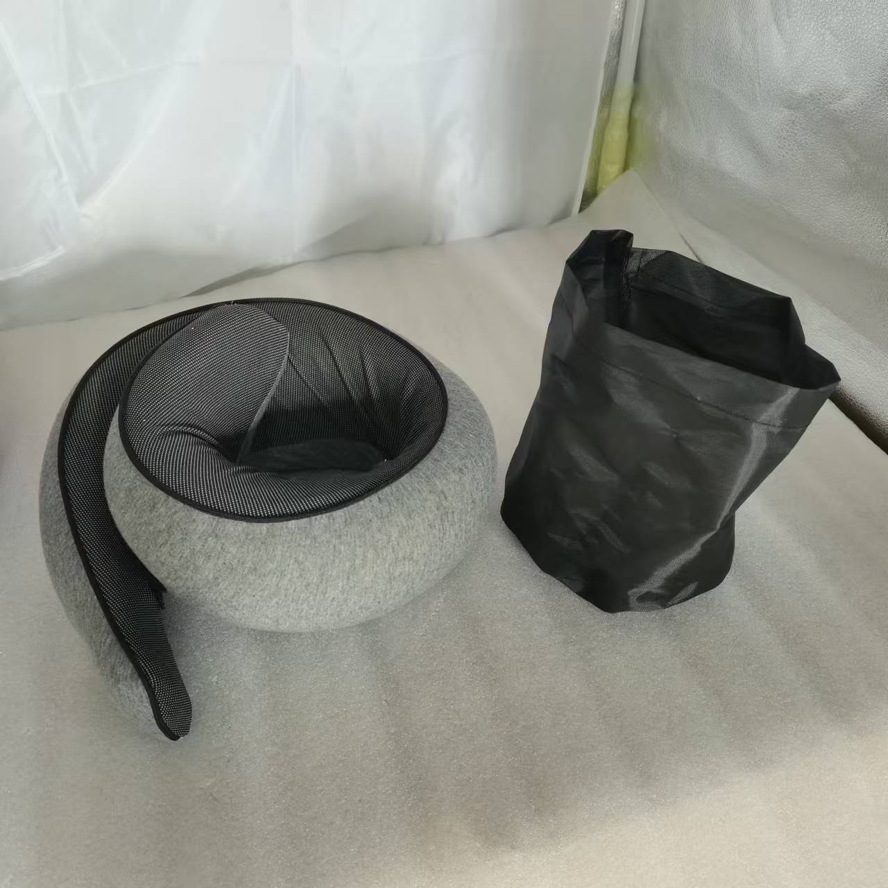 Memory Foam Travel Neck Pillow 360 Support Adjustable Snail Shape Chin Rest for Long Haul Flights Car & Office Portable with Storage Bag (Grey)