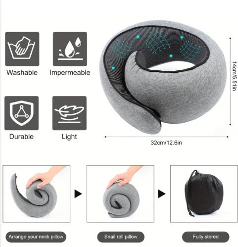 Memory Foam Travel Neck Pillow 360 Support Adjustable Snail Shape Chin Rest for Long Haul Flights Car & Office Portable with Storage Bag (Grey)