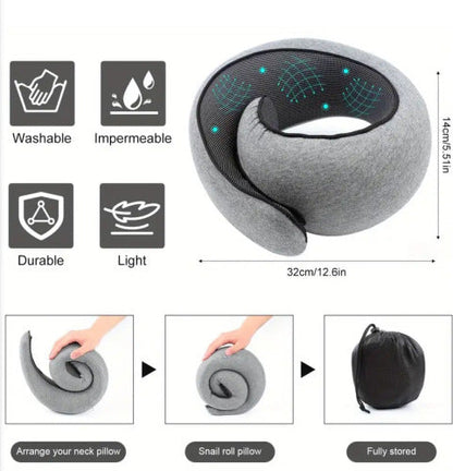Memory Foam Travel Neck Pillow 360 Support Adjustable Snail Shape Chin Rest for Long Haul Flights Car & Office Portable with Storage Bag (Grey)