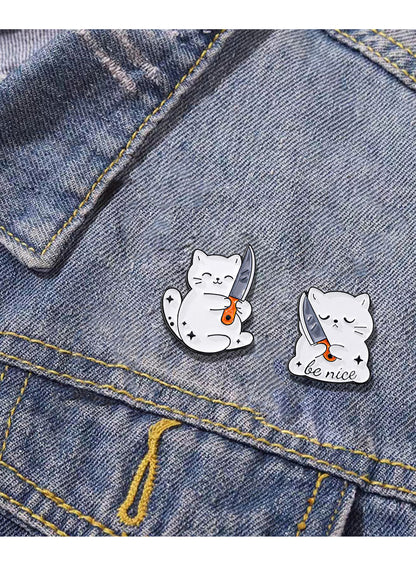 4 PCS Funny White Cat with Knife Enamel Pins Set Cute Cartoon Lapel Badge Brooch for Backpacks Denim Jackets Sassy Aesthetic Gift