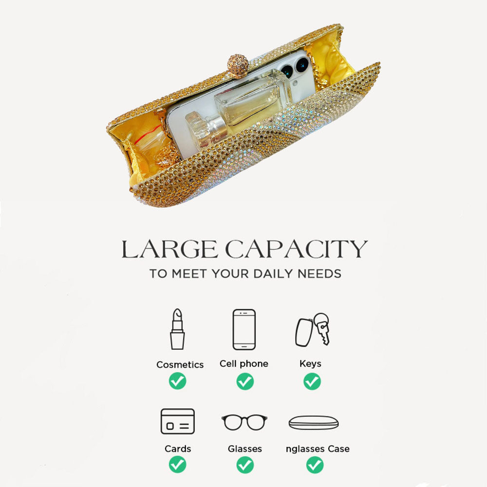 Luxury Gold Crystal Evening Clutch Bag Gradient Rhinestone Hard Case Purse with Detachable Chain for Wedding Prom Cocktail Party Fits Smartphone