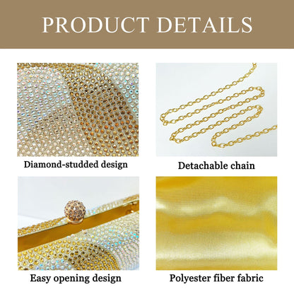 Luxury Gold Crystal Evening Clutch Bag Gradient Rhinestone Hard Case Purse with Detachable Chain for Wedding Prom Cocktail Party Fits Smartphone