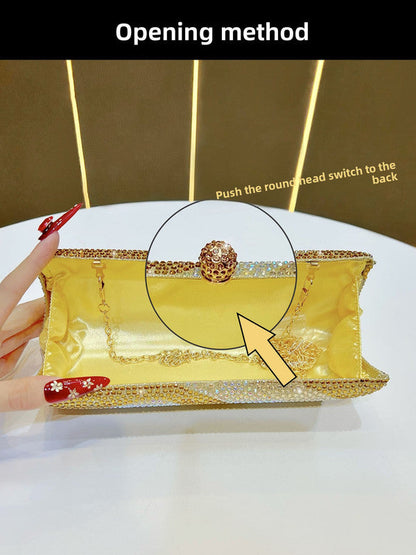 Luxury Gold Crystal Evening Clutch Bag Gradient Rhinestone Hard Case Purse with Detachable Chain for Wedding Prom Cocktail Party Fits Smartphone