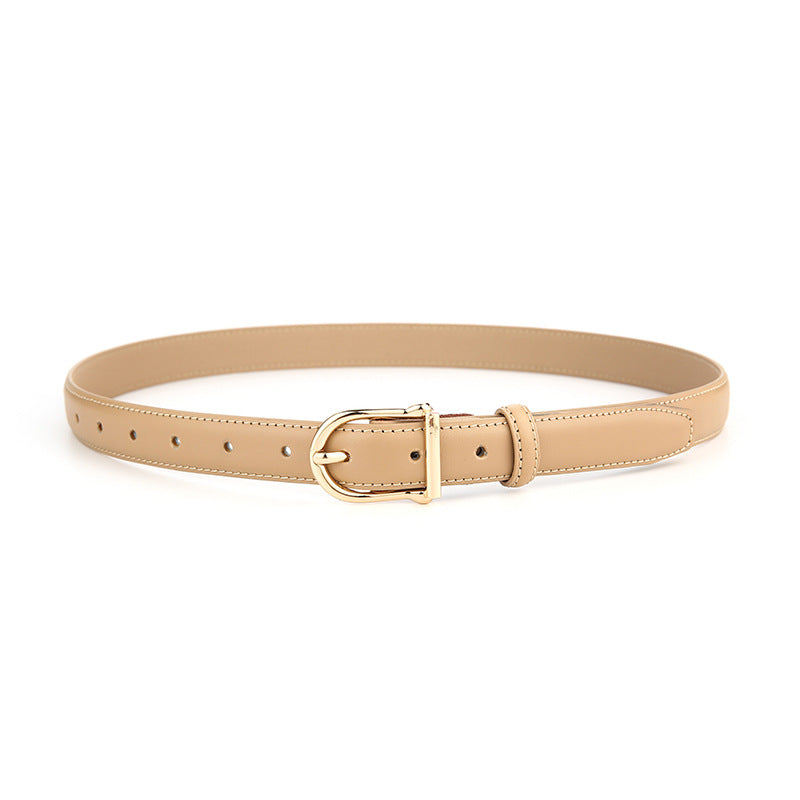 Women's Genuine Leather Thin Belt 2.3cm Width Minimalist Gold D-Shaped Buckle Casual Waist Strap for Jeans Dresses Khaki 105cm