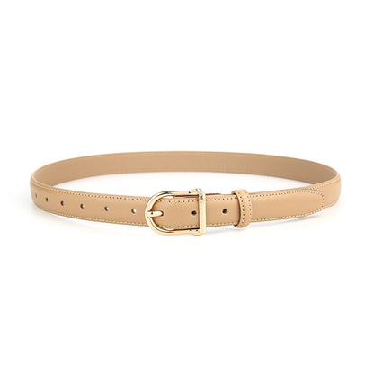 Women's Genuine Leather Thin Belt 2.3cm Width Minimalist Gold D-Shaped Buckle Casual Waist Strap for Jeans Dresses Khaki 105cm