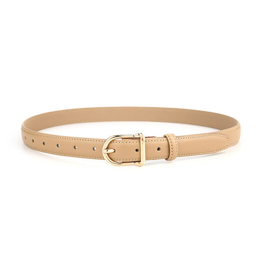 Women's Genuine Leather Thin Belt 2.3cm Width Minimalist Gold D-Shaped Buckle Casual Waist Strap for Jeans Dresses Khaki 105cm