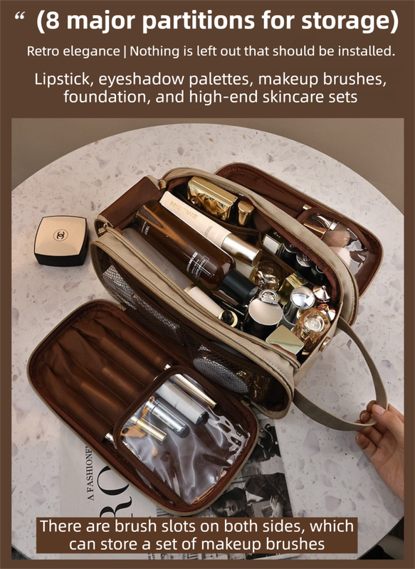 Beige Premium TPU Leather Dual-Zipper Cosmetic Bag with 3 Dry & Wet Separation Zone - Large Capacity Travel Toiletries Organizer