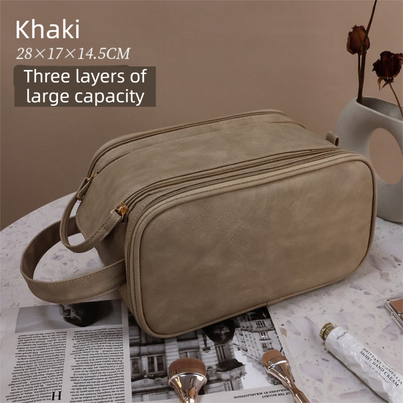 Khaki Premium TPU Leather Dual-Zipper Cosmetic Bag with 3 Dry & Wet Separation Zone - Large Capacity Travel Toiletries Organizer