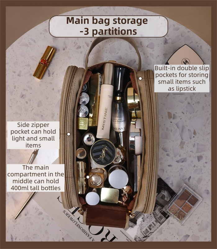 Khaki Premium TPU Leather Dual-Zipper Cosmetic Bag with 3 Dry & Wet Separation Zone - Large Capacity Travel Toiletries Organizer