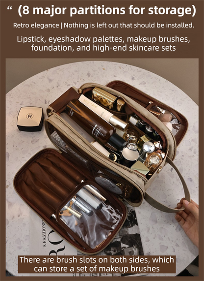 Black Premium TPU Leather Dual-Zipper Cosmetic Bag with 3 Dry & Wet Separation Zone - Large Capacity Travel Toiletries Organizer