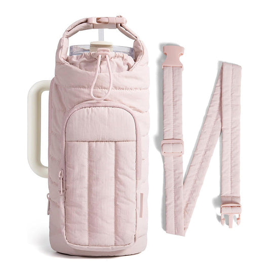Pink Nylon Quilted Insulated Water Bottle Bag for 18-64oz Flask - Lightweight Sports & Travel Puffer Shockproof Protective Pouch
