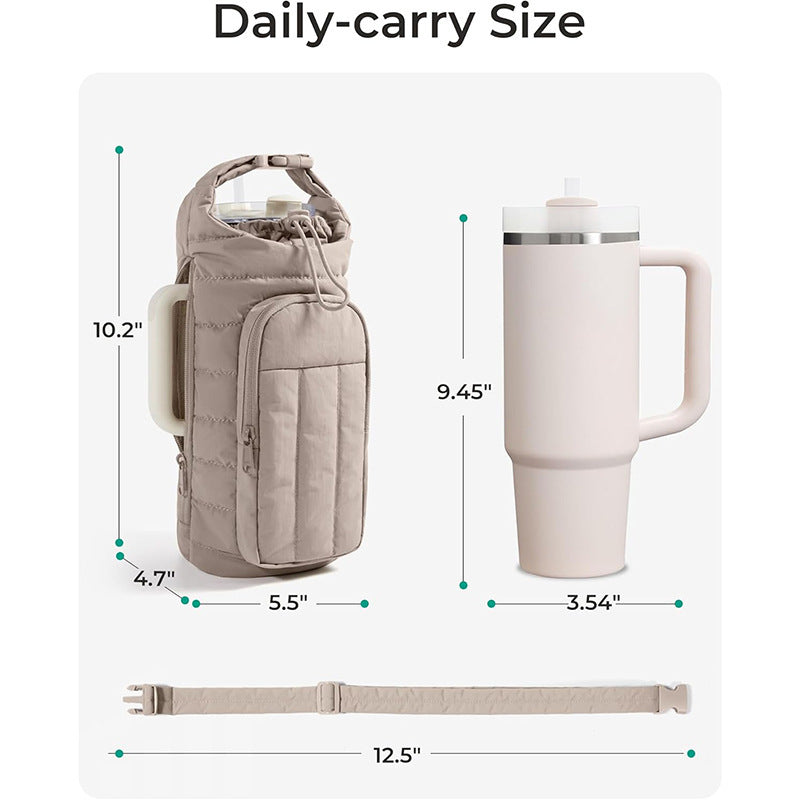 Pink Nylon Quilted Insulated Water Bottle Bag for 18-64oz Flask - Lightweight Sports & Travel Puffer Shockproof Protective Pouch