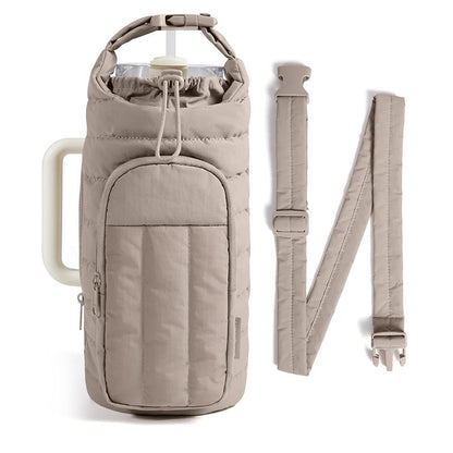 Khaki Nylon Quilted Insulated Water Bottle Bag for 18-64oz Flask - Lightweight Sports & Travel Puffer Shockproof Protective Pouch