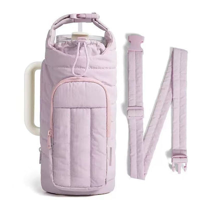Purple Nylon Quilted Insulated Water Bottle Bag for 18-64oz Flask - Lightweight Sports & Travel Puffer Shockproof Protective Pouch