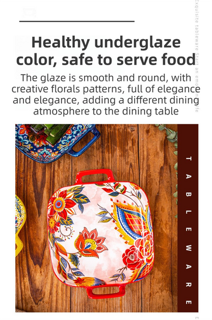 9-Inch Underglaze Ceramic Square Serving Plate with Dual Handles (Baroque) - Microwave and Oven Safe Pasta & Fruit Tray