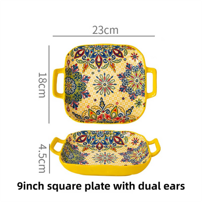 9-Inch Underglaze Ceramic Square Serving Plate with Dual Handles (Mirror Sunlight Style) - Microwave and Oven Safe Pasta & Fruit Tray