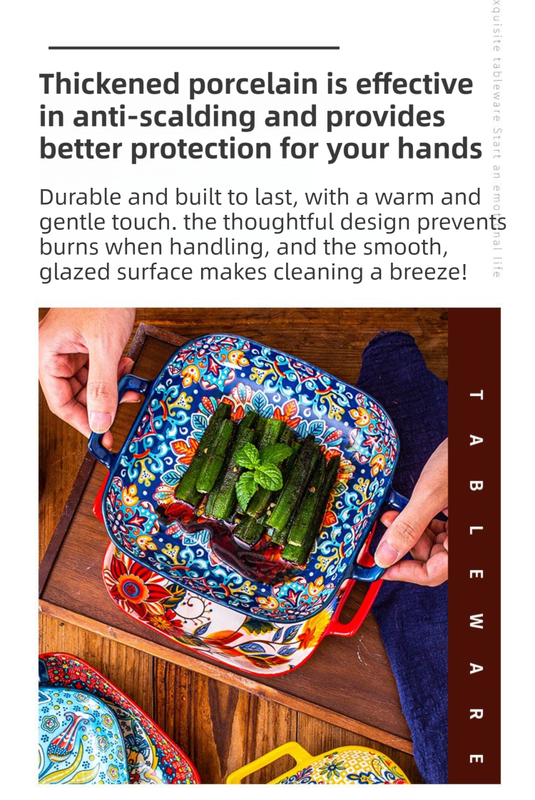 9-Inch Underglaze Ceramic Square Serving Plate with Dual Handles (Mirror Sunlight Style) - Microwave and Oven Safe Pasta & Fruit Tray