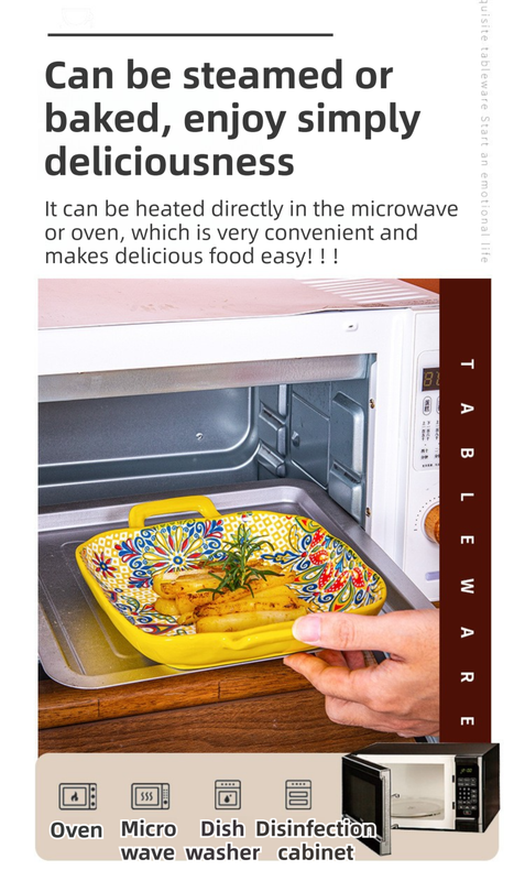 9-Inch Underglaze Ceramic Square Serving Plate with Dual Handles (Mirror Sunlight Style) - Microwave and Oven Safe Pasta & Fruit Tray