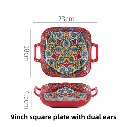 9-Inch Underglaze Ceramic Square Serving Plate with Dual Handles (Isdir Style) - Microwave and Oven Safe Pasta & Fruit Tray