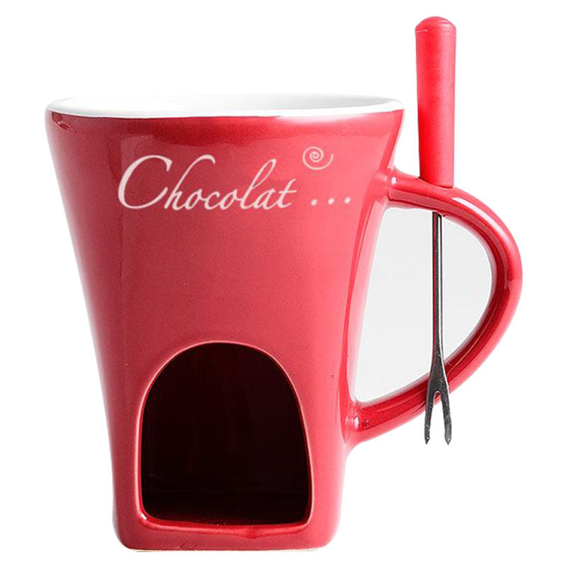 Red European Style Ceramic Chocolate & Cheese Melter Set - 200ml Mini Melting Mug & Fork