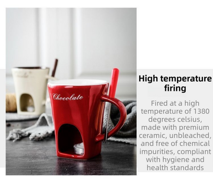 Red European Style Ceramic Chocolate & Cheese Melter Set - 200ml Mini Melting Mug & Fork