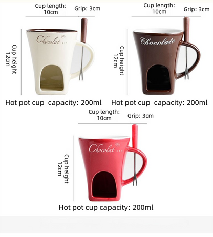 Red European Style Ceramic Chocolate & Cheese Melter Set - 200ml Mini Melting Mug & Fork