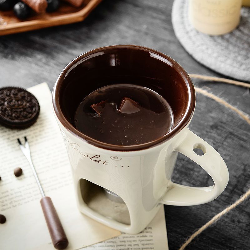 White European Style Ceramic Chocolate & Cheese Melter Set - 200ml Mini Melting Mug & Fork