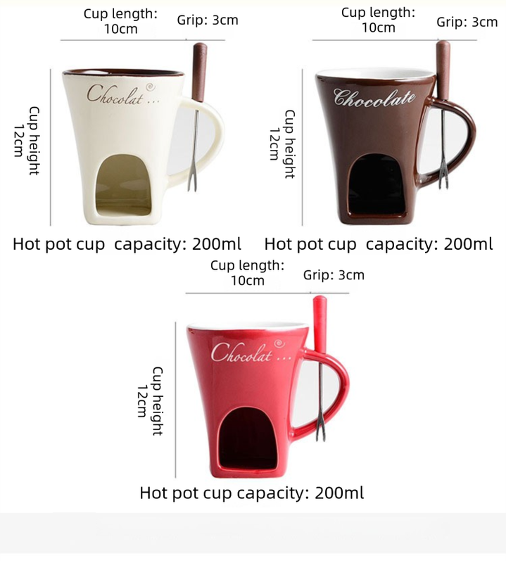 White European Style Ceramic Chocolate & Cheese Melter Set - 200ml Mini Melting Mug & Fork