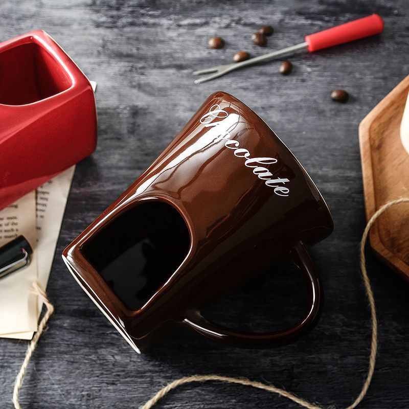 Coffee European Style Ceramic Chocolate & Cheese Melter Set - 200ml Mini Melting Mug & Fork