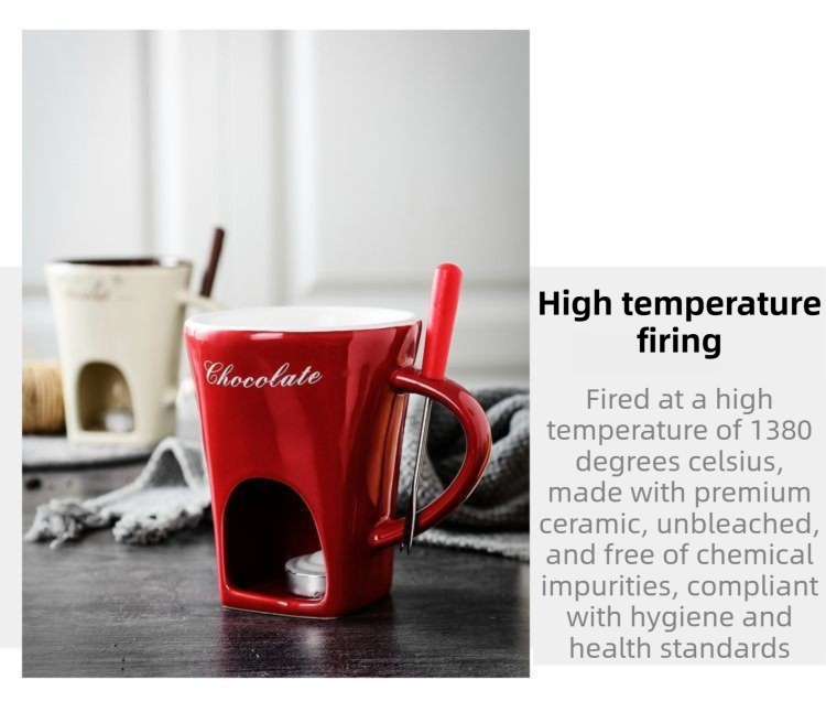 Coffee European Style Ceramic Chocolate & Cheese Melter Set - 200ml Mini Melting Mug & Fork