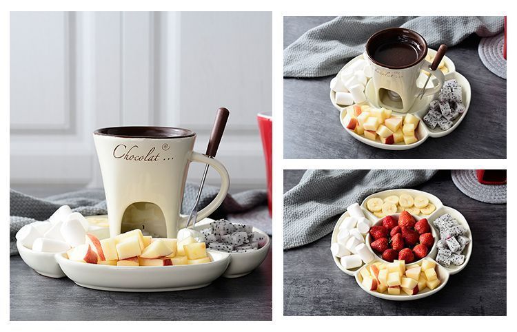 Coffee European Style Ceramic Chocolate & Cheese Melter Set - 200ml Mini Melting Mug & Fork
