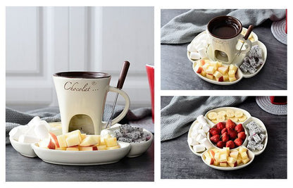 Coffee European Style Ceramic Chocolate & Cheese Melter Set - 200ml Mini Melting Mug & Fork