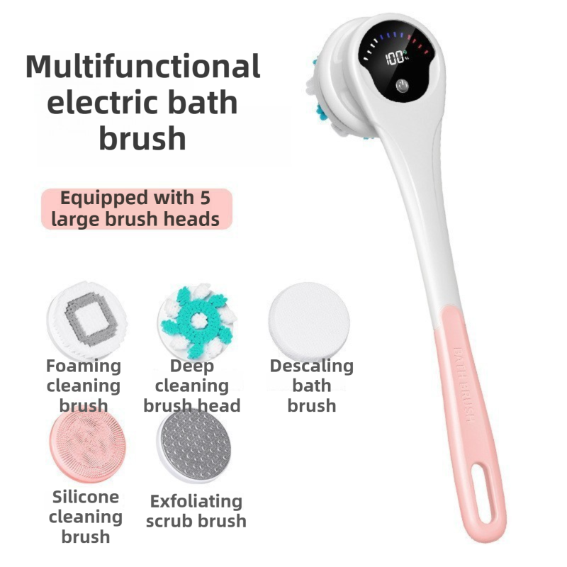 Pink Electric 360Â°Rotating Shower Brush with Long Handle for Back Scrubbing(43CM) - IPX7 Waterproof & Premium Silicone & PA Bristles