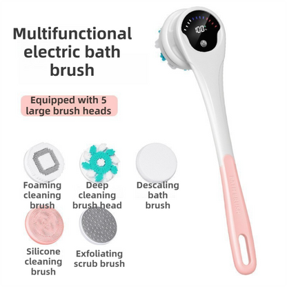 Pink Electric 360Â°Rotating Shower Brush with Long Handle for Back Scrubbing(43CM) - IPX7 Waterproof & Premium Silicone & PA Bristles