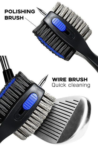 Black Premium Golf Club Cleaning Brush Extra Large Head Dual Bristles Retractable Zip Line & Groove Cleaner Spike Anti-Slip Ergonomic Grip 29cm