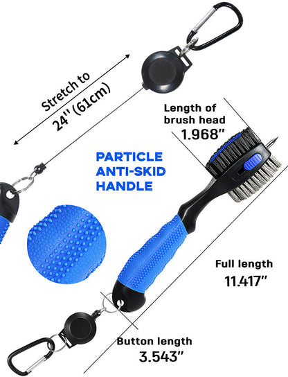 Grey Premium Golf Club Cleaning Brush Extra Large Head Dual Bristles Retractable Zip Line & Groove Cleaner Spike Anti-Slip Ergonomic Grip 29cm