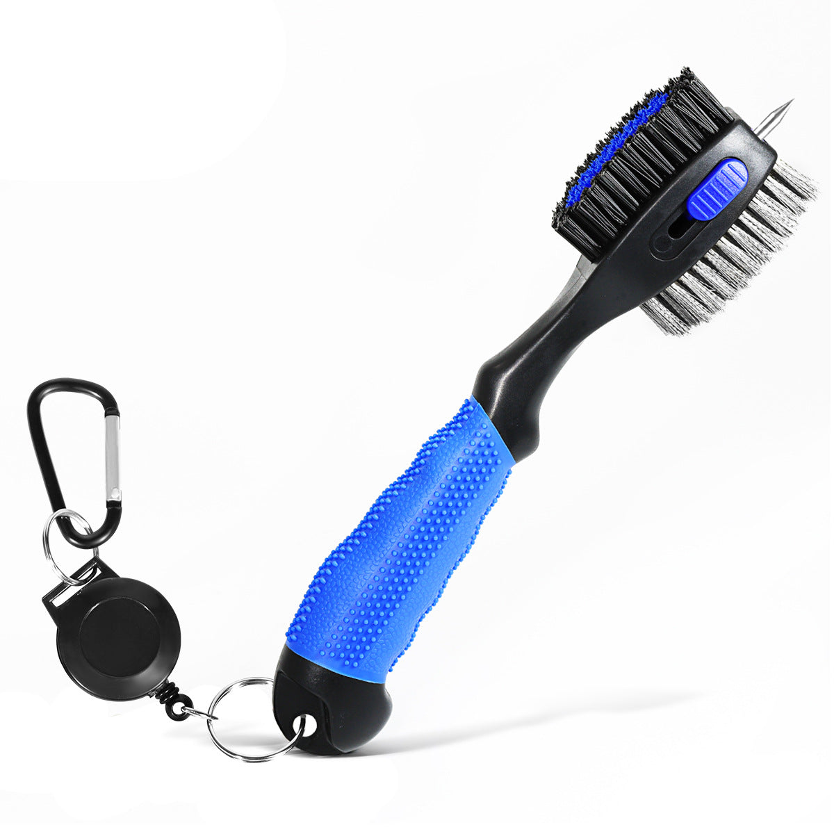 Blue Premium Golf Club Cleaning Brush Extra Large Head Dual Bristles Retractable Zip Line & Groove Cleaner Spike Anti-Slip Ergonomic Grip 29cm