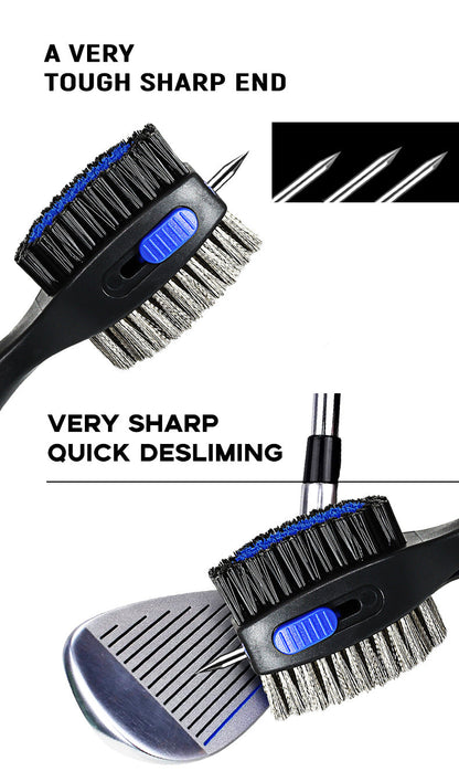 Blue Premium Golf Club Cleaning Brush Extra Large Head Dual Bristles Retractable Zip Line & Groove Cleaner Spike Anti-Slip Ergonomic Grip 29cm