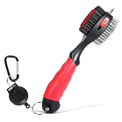 Red Premium Golf Club Cleaning Brush Extra Large Head Dual Bristles Retractable Zip Line & Groove Cleaner Spike Anti-Slip Ergonomic Grip 29cm
